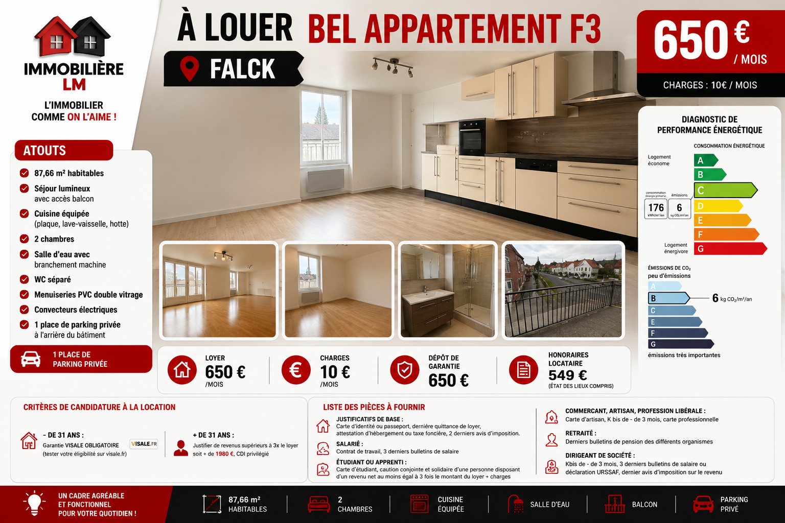 A louer appartement de type F3 à Falck Loyer 650€ + 10€ de charges/mois
